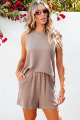 Smoke Gray Corded Sleeveless Top and Pocketed Shorts Set Short Sets JT's Designer Fashion