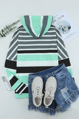 Green Striped Drawstring Long Sleeve Hoodie Sweatshirts & Hoodies JT's Designer Fashion