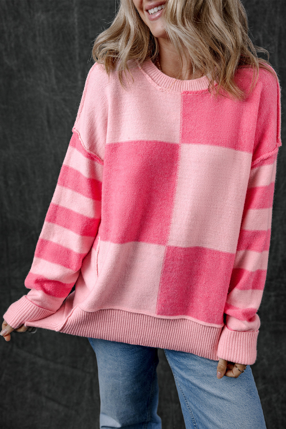 Pink Checkered Colorblock Striped High Low Loose Sweater Sweaters JT's Designer Fashion
