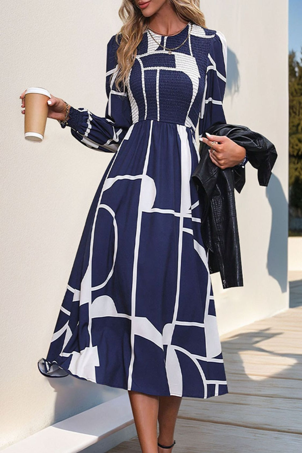 Smocked Color Block Long Sleeve Midi Dress Midi Dresses JT's Designer Fashion