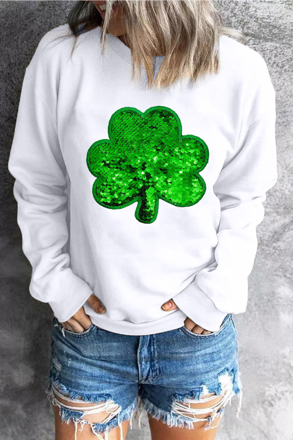 White Sequin Clover Embroidered Drop Shoulder Sweatshirt Graphic Sweatshirts JT's Designer Fashion
