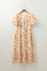 Apricot Floral Print Puff Short Sleeve Resort Plus Size Maxi Dress Plus Size Maxi Dresses JT's Designer Fashion