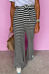 Black Stripe Lace-up Waist Casual Flared Pants Pants & Culotte JT's Designer Fashion