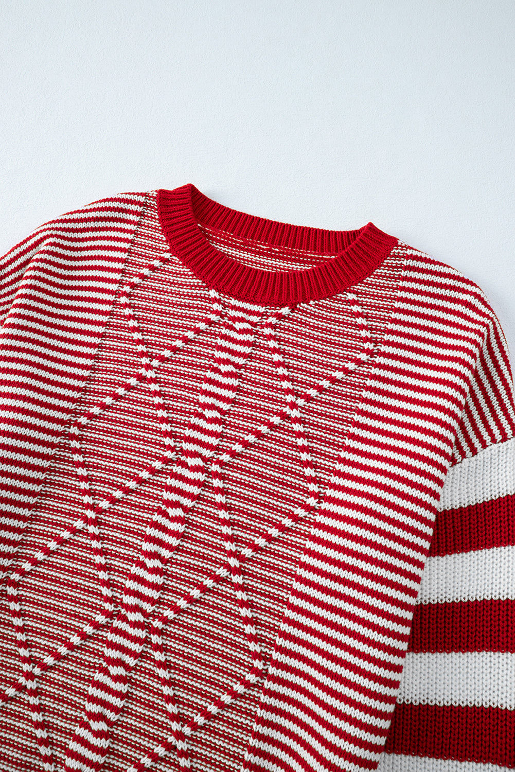 Red Stripe Geometric Textured Drop Shoulder Sweater Sweaters JT's Designer Fashion