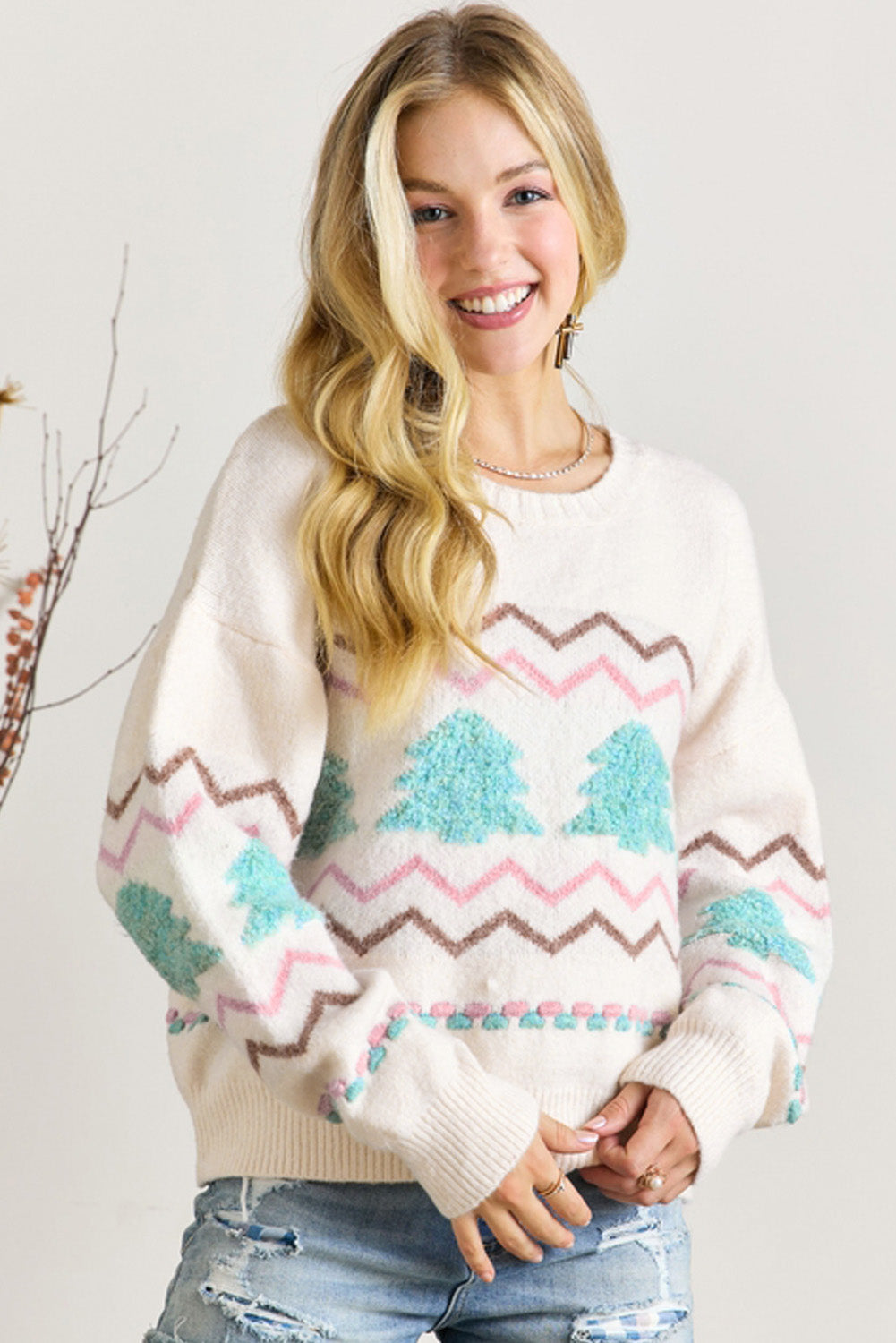 White Striped Christmas Tree Ribbed Trim Drop Shoulder Sweater Sweaters JT's Designer Fashion