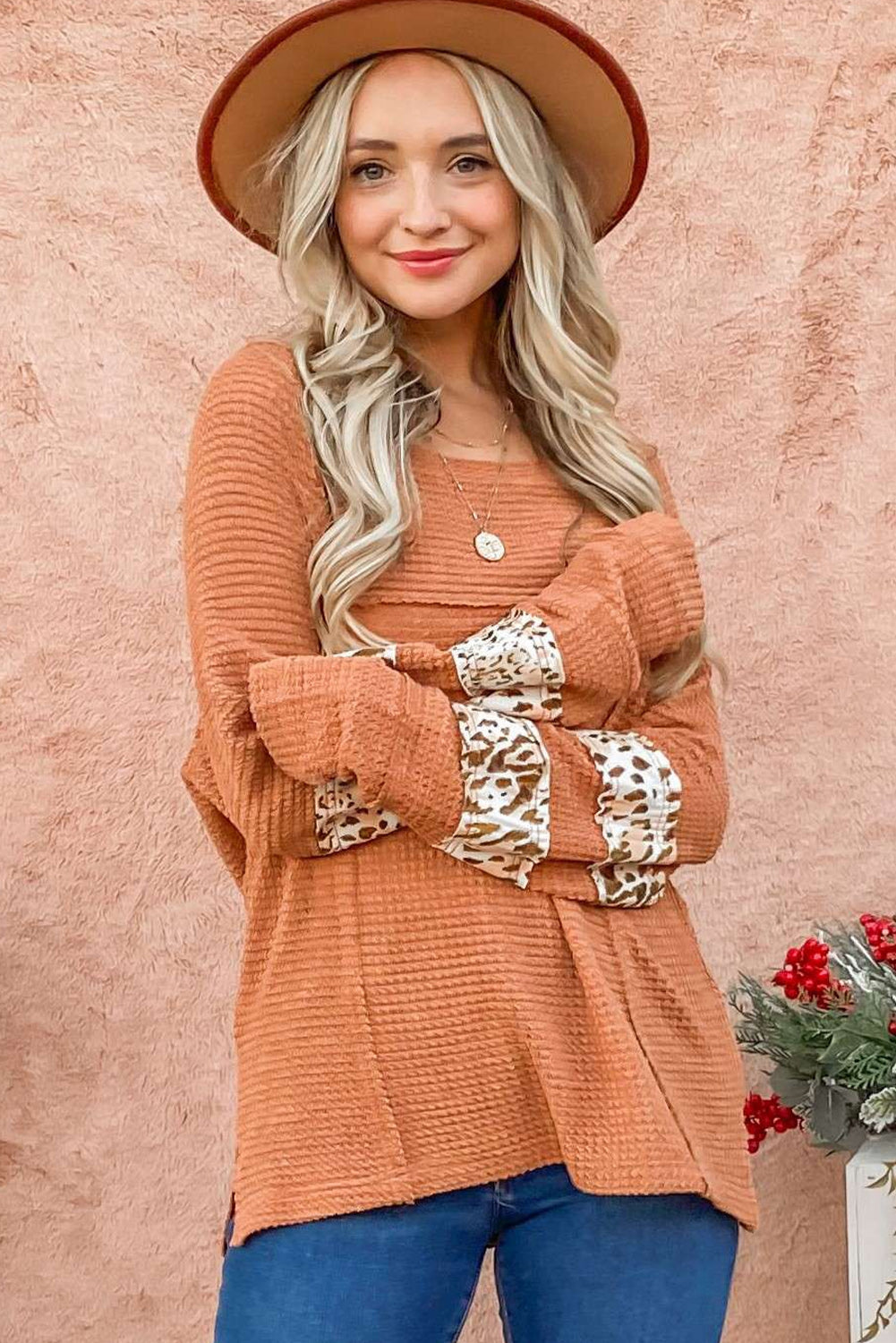 Apricot Leopard Splicing Exposed Seam Waffle Knit Top Long Sleeve Tops JT's Designer Fashion