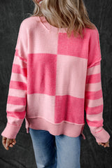 Pink Checkered Colorblock Striped High Low Loose Sweater Sweaters JT's Designer Fashion
