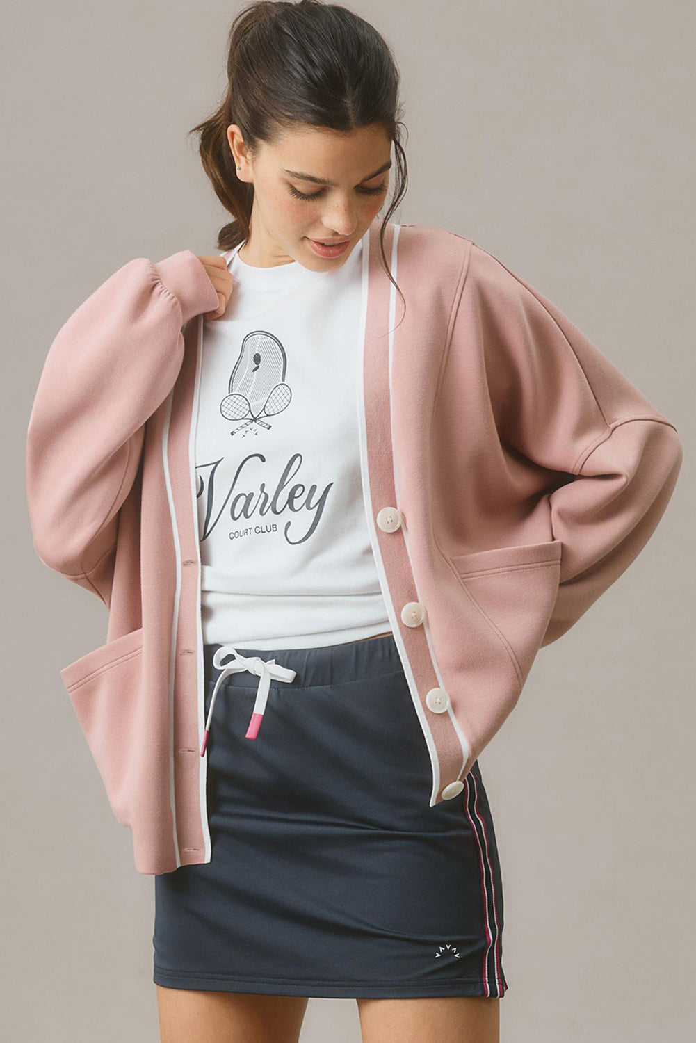 Pink Stripe Contrast Trim V Neck Buttoned Front Pocketed Knit Cardigan Cardigans JT's Designer Fashion