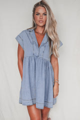 Beau Blue Lapel Neck Cap Sleeve High Waist Denim Babydoll Dress Mini Dresses JT's Designer Fashion