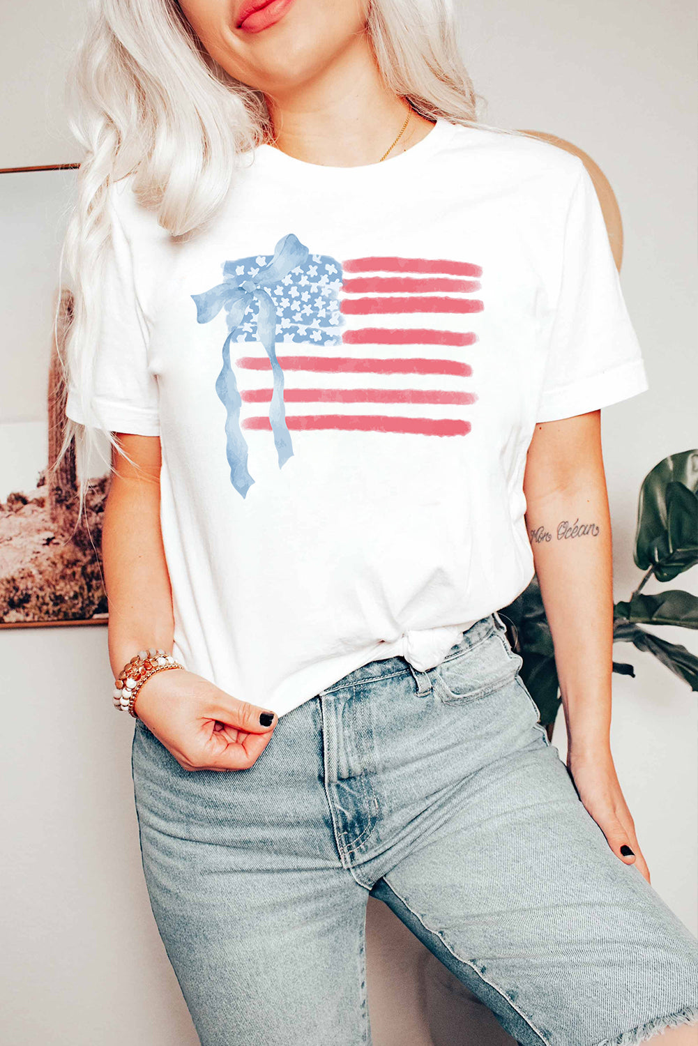 White American Flag Bow Knot Print Crew Neck T Shirt Graphic Tees JT's Designer Fashion