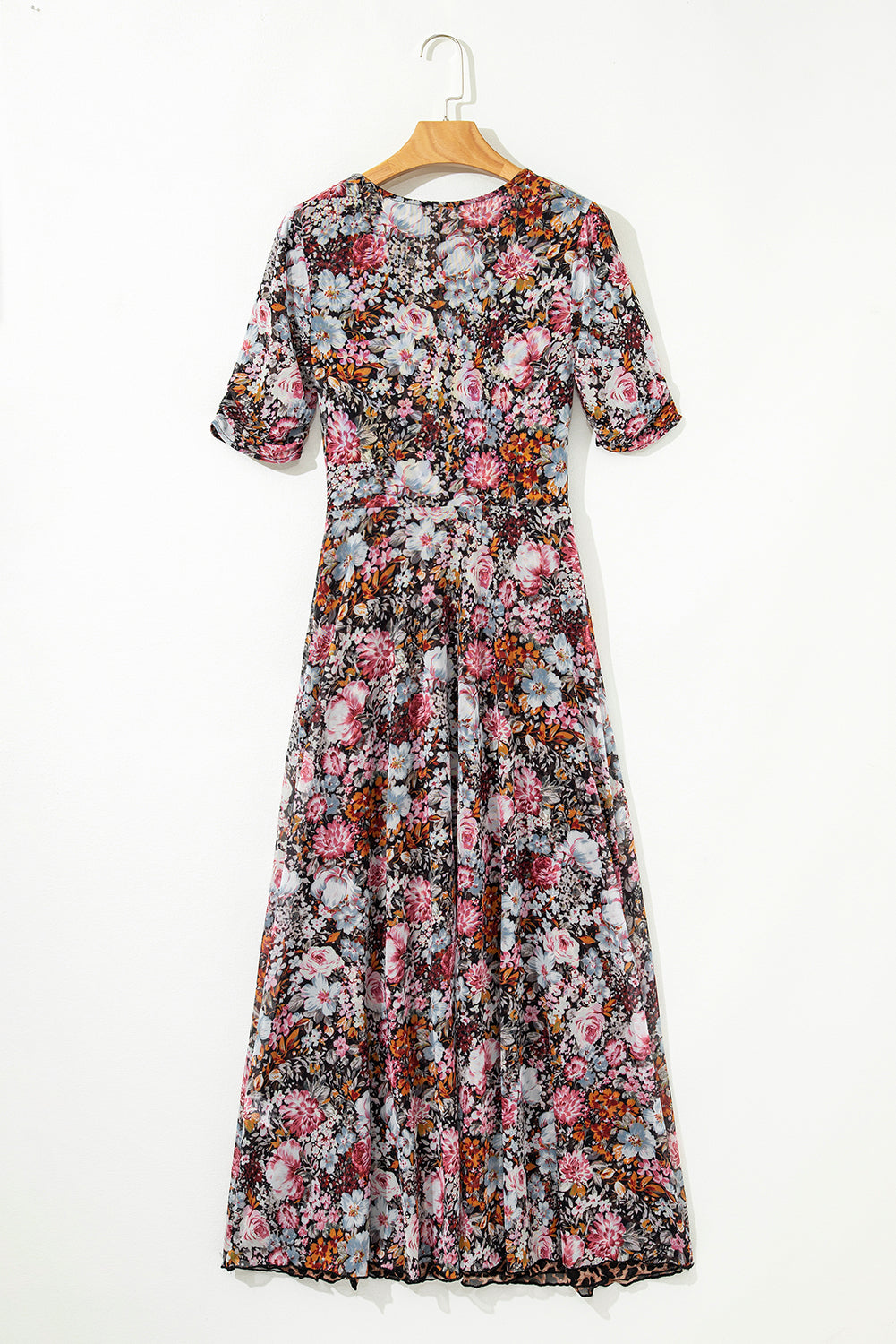 Brown Mesh Leopard Floral Reversible V Neck Short Sleeve Dress Dresses JT's Designer Fashion