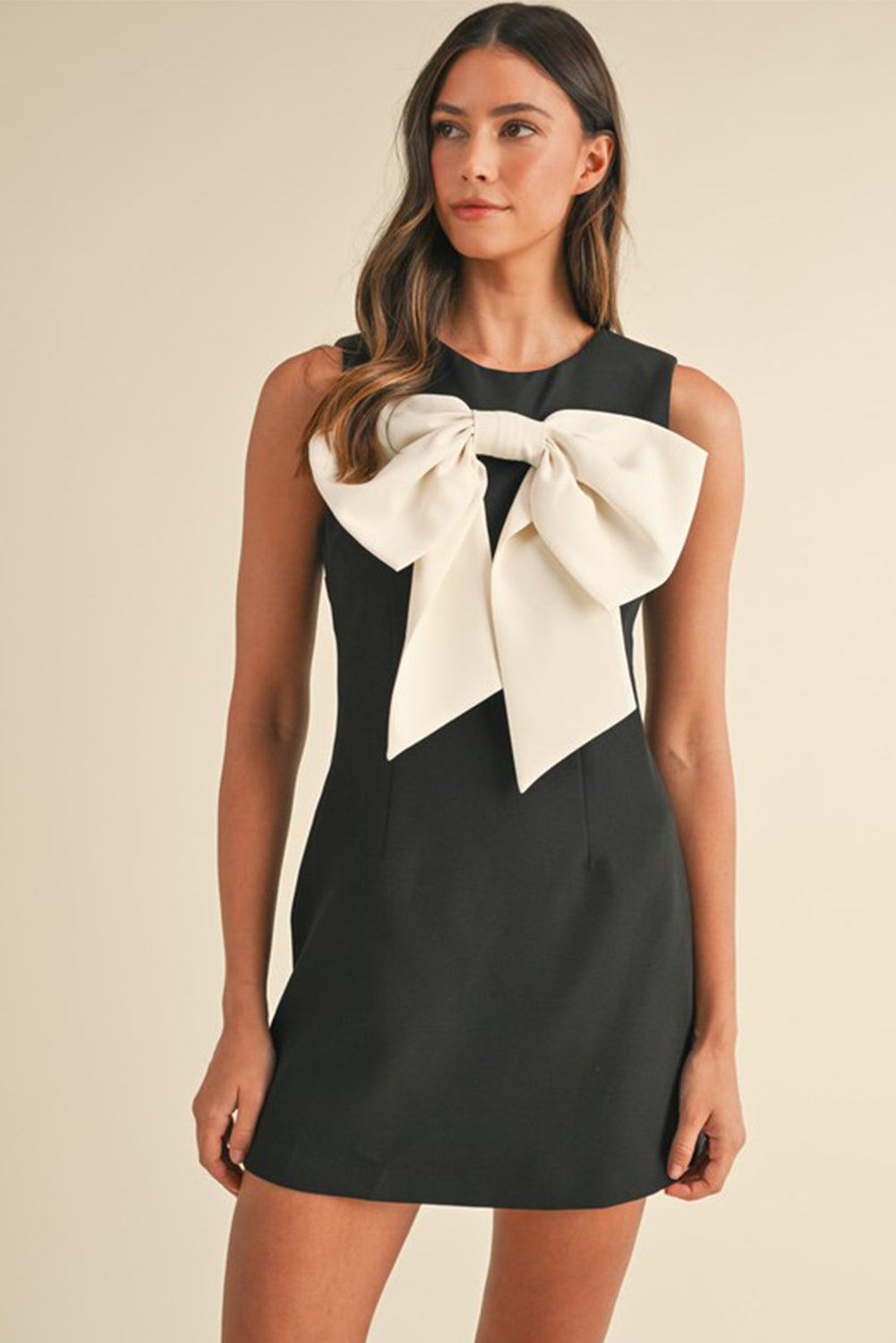 Black Contrast Bowknot Applique Crew Neck Sleeveless Mini Dress Mini Dresses JT's Designer Fashion