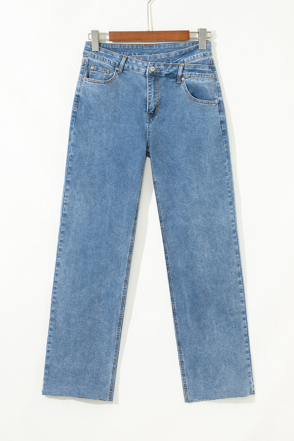 Blue Mid Rise Asymmetrical Waist Wide Leg Jeans Jeans JT's Designer Fashion