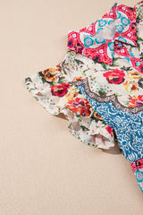 Rose Floral Mixed Pattern Ruffle Flutter Sleeve Buttoned Dress Floral Dresses JT's Designer Fashion