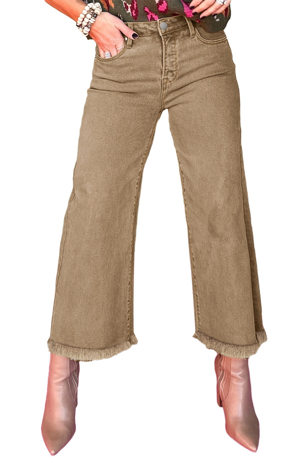 Light French Beige Acid Washed High Rise Cropped Wide Leg Jeans Jeans JT's Designer Fashion