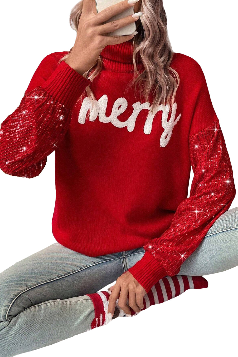 Racing Red Merry Graphic Sequin Sleeves Christmas Turtleneck Sweater Sweaters JT's Designer Fashion