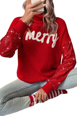 Racing Red Merry Graphic Sequin Sleeves Christmas Turtleneck Sweater Sweaters JT's Designer Fashion