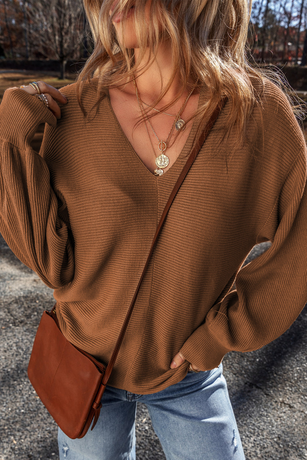 Camel Ribbed Knit Drop Sleeve V Neck Loose Fit Sweater Sweaters JT's Designer Fashion