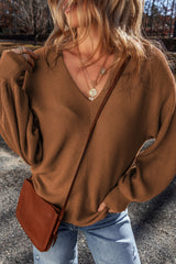 Camel Ribbed Knit Drop Sleeve V Neck Loose Fit Sweater Sweaters JT's Designer Fashion