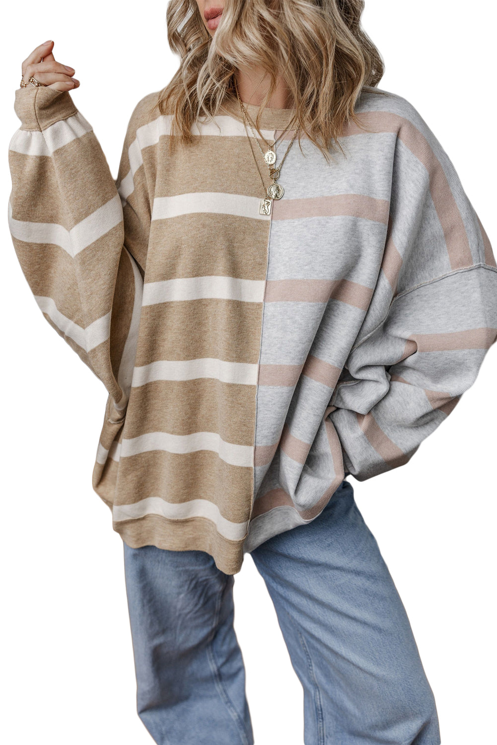 Khaki Stripe Colorblock Oversized Sweater Sweaters JT's Designer Fashion