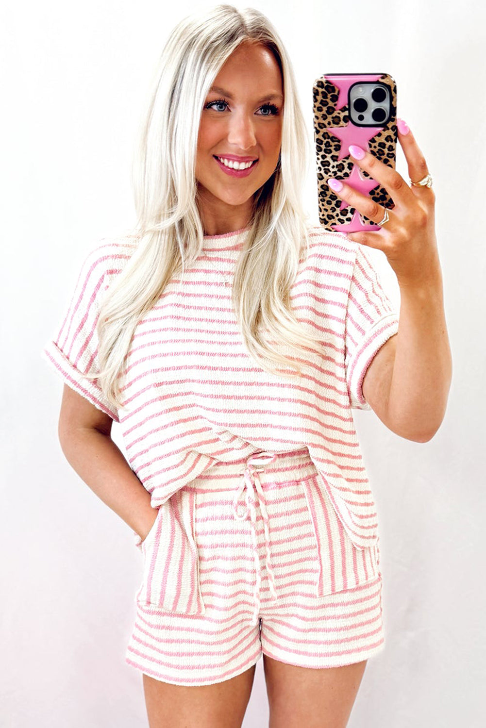 Pink Stripe Knitted Short Sleeve Top and Drawstring Shorts Set Short Sets JT's Designer Fashion