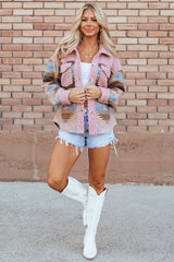 Pink Western Aztec Print Sherpa Splicing Buttoned Flap Pocket Coat Jackets JT's Designer Fashion