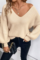 Apricot Lantern Sleeve V Neck Knot Back Sweater Sweaters JT's Designer Fashion