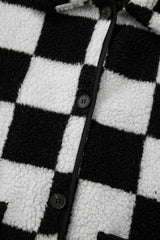 Black Checkered Side Pockets Collared Buttoned Fleece Jacket Jackets JT's Designer Fashion