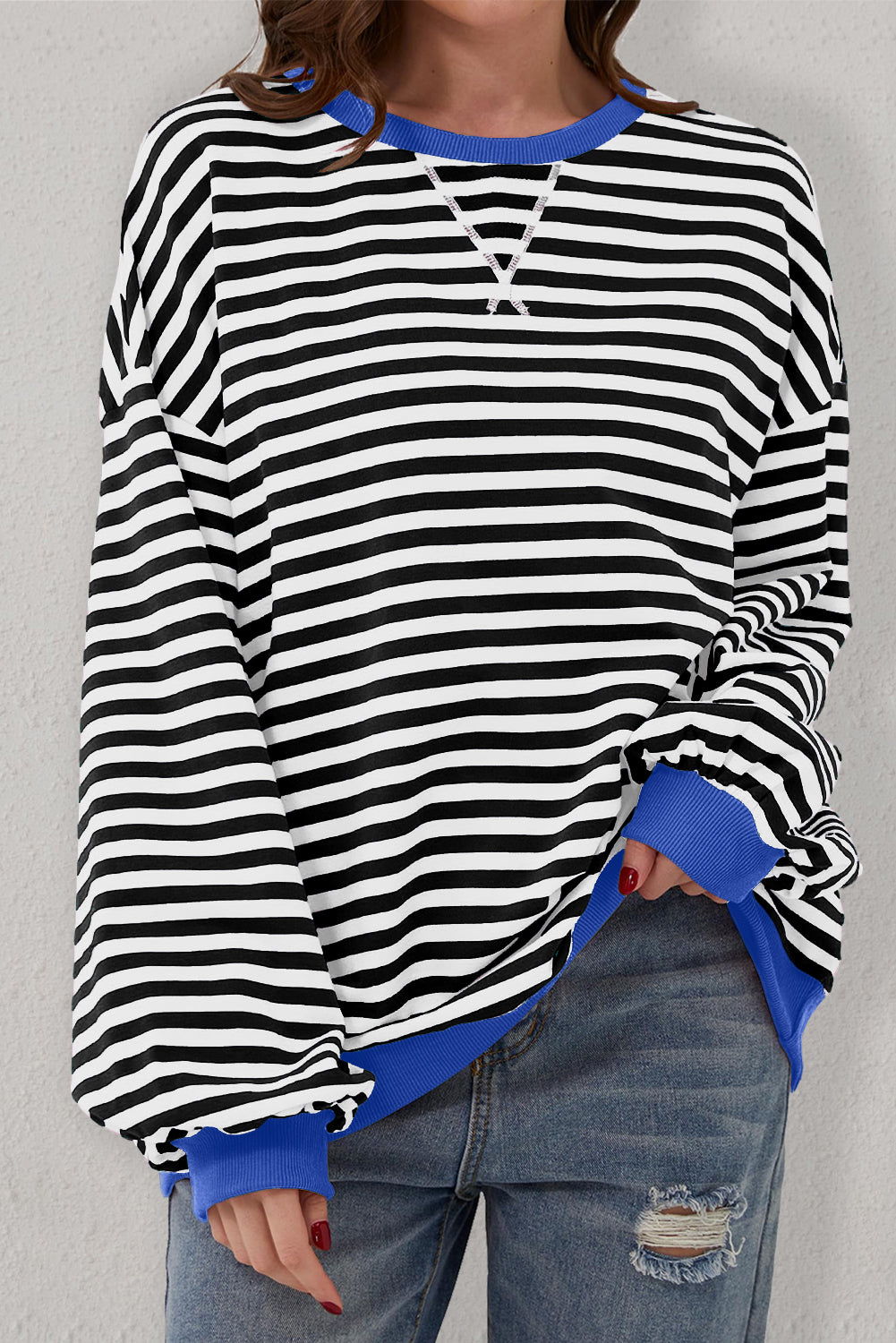 Black Stripe Oversized Contrast Trim Pullover Sweatshirt Sweatshirts & Hoodies JT's Designer Fashion