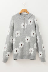 Gray Plus Size Embroidered Floral Pattern Half Zip Sweater Plus Size Sweaters & Cardigans JT's Designer Fashion