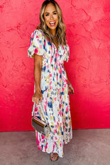 Rose Abstract Print Short Puff Sleeve Tiered Long Dress Maxi Dresses JT's Designer Fashion