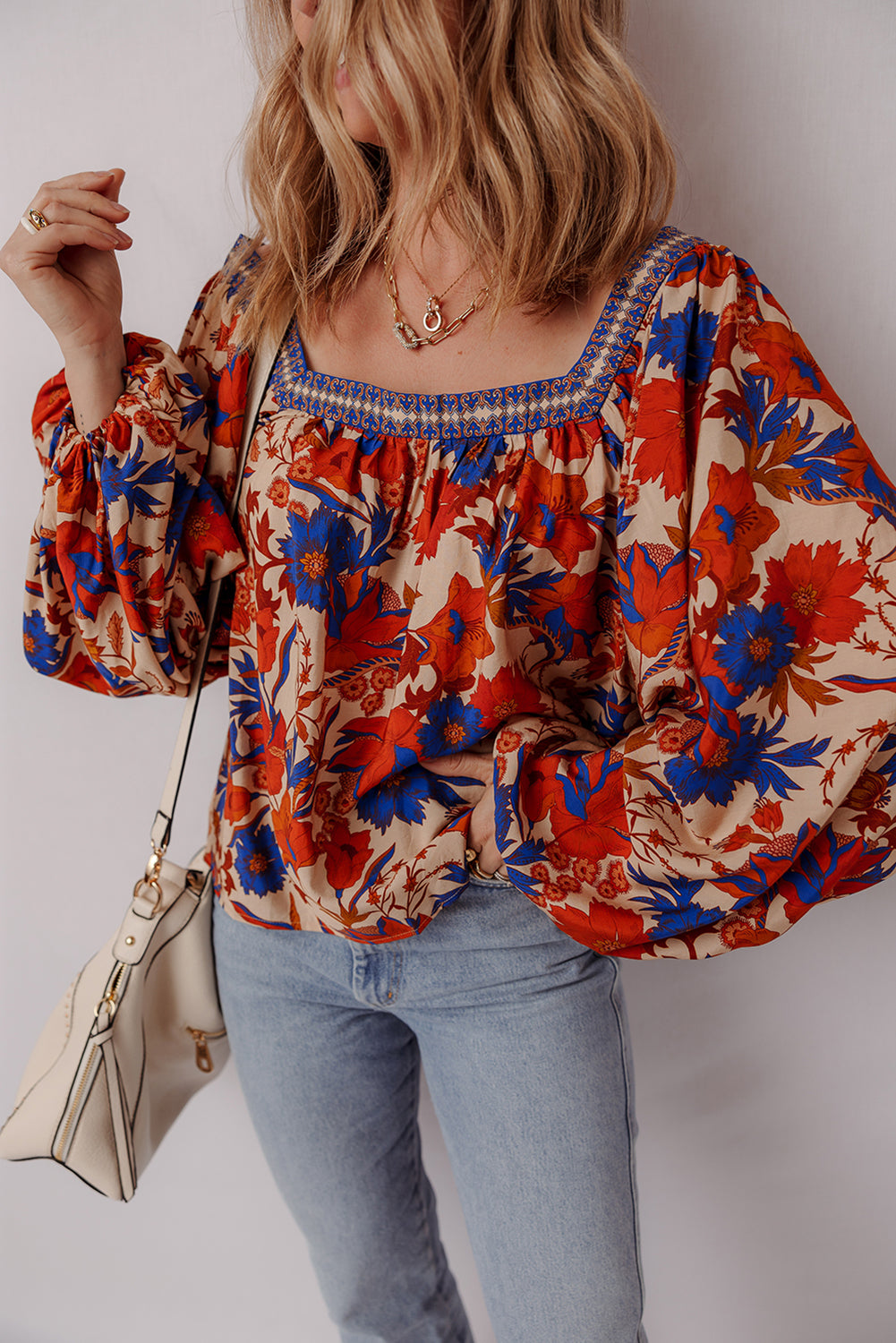 Multicolour Floral Print Square Neck Backless Loose Fit Blouse Blouses & Shirts JT's Designer Fashion