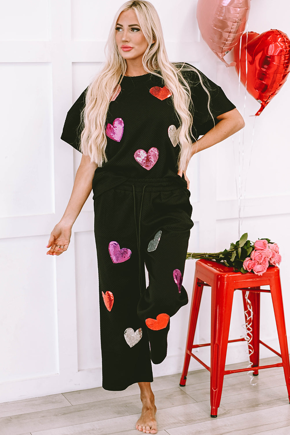 Black Sequin Heart Popping Graphic Textured 2pcs Outfit Black 95%Polyester+5%Elastane Graphic Sets JT's Designer Fashion