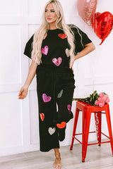 Black Sequin Heart Popping Graphic Textured 2pcs Outfit Black 95%Polyester+5%Elastane Graphic Sets JT's Designer Fashion
