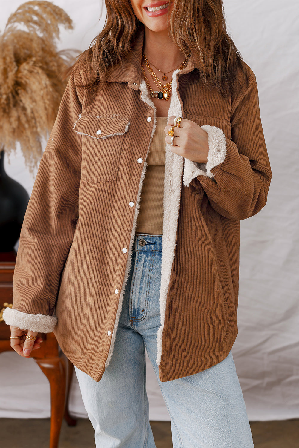 Cinnamon Fleece Lined Buttoned Flap Pockets Corduroy Jacket Jackets JT's Designer Fashion