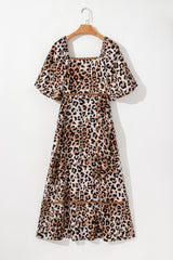 Brown Leopard Print Bubble Sleeve Square Neck Long Dress Maxi Dresses JT's Designer Fashion