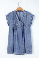 Beau Blue Tie V Neck Tucking Detail Short Sleeve Denim Shift Dress Mini Dresses JT's Designer Fashion