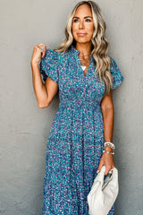 Blue Printed Split V Neck Shirred High Waist Maxi Dress Dresses JT's Designer Fashion