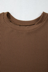 Chestnut Corded Knit Long Sleeve Top and High Waist Shorts Set Short Sets JT's Designer Fashion