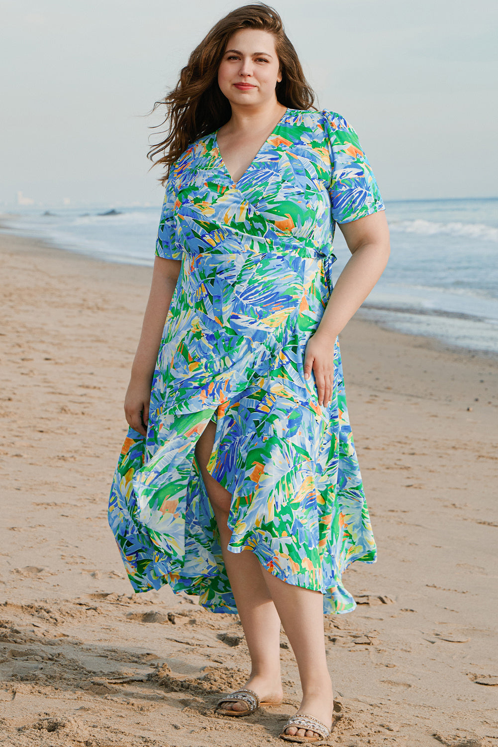 Green Leaves Print Short Sleeve Surplice Neck Ruffled Trim Plus Size Maxi Dress Plus Size Maxi Dresses JT's Designer Fashion