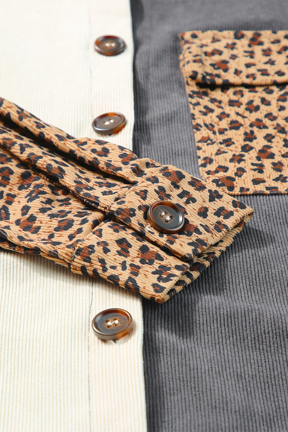 Gray Color Block Leopard Patched Corduroy Shacket Jackets JT's Designer Fashion