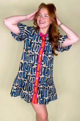 Beige Abstract Print Bubble Sleeve Button up Mini Dress Mini Dresses JT's Designer Fashion