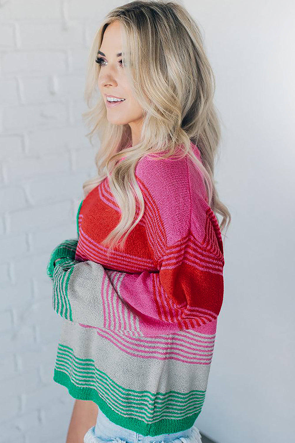 Rose Striped Knit Patch Pocket Drop Shoulder Sweater Sweaters JT's Designer Fashion