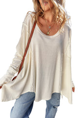 White Waffle Knit Exposed Seam V Neck Oversized Top Long Sleeve Tops JT's Designer Fashion