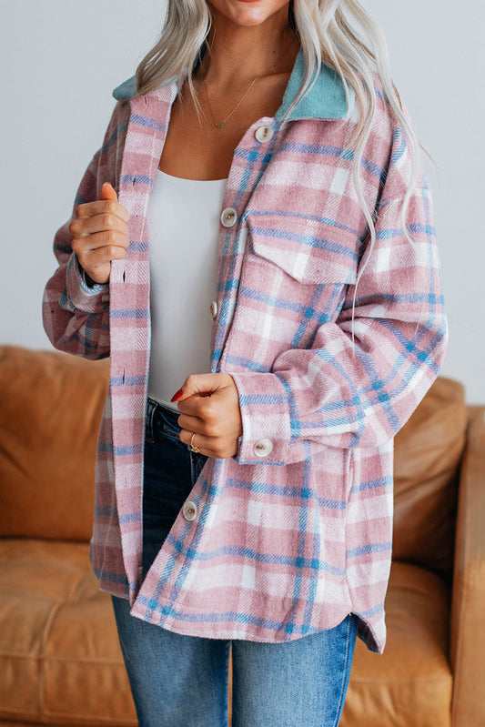 Pink Plaid Print Color Block Collared Flap Pockets Loose Shacket Pink 100%Polyester Plaid Shackets JT's Designer Fashion