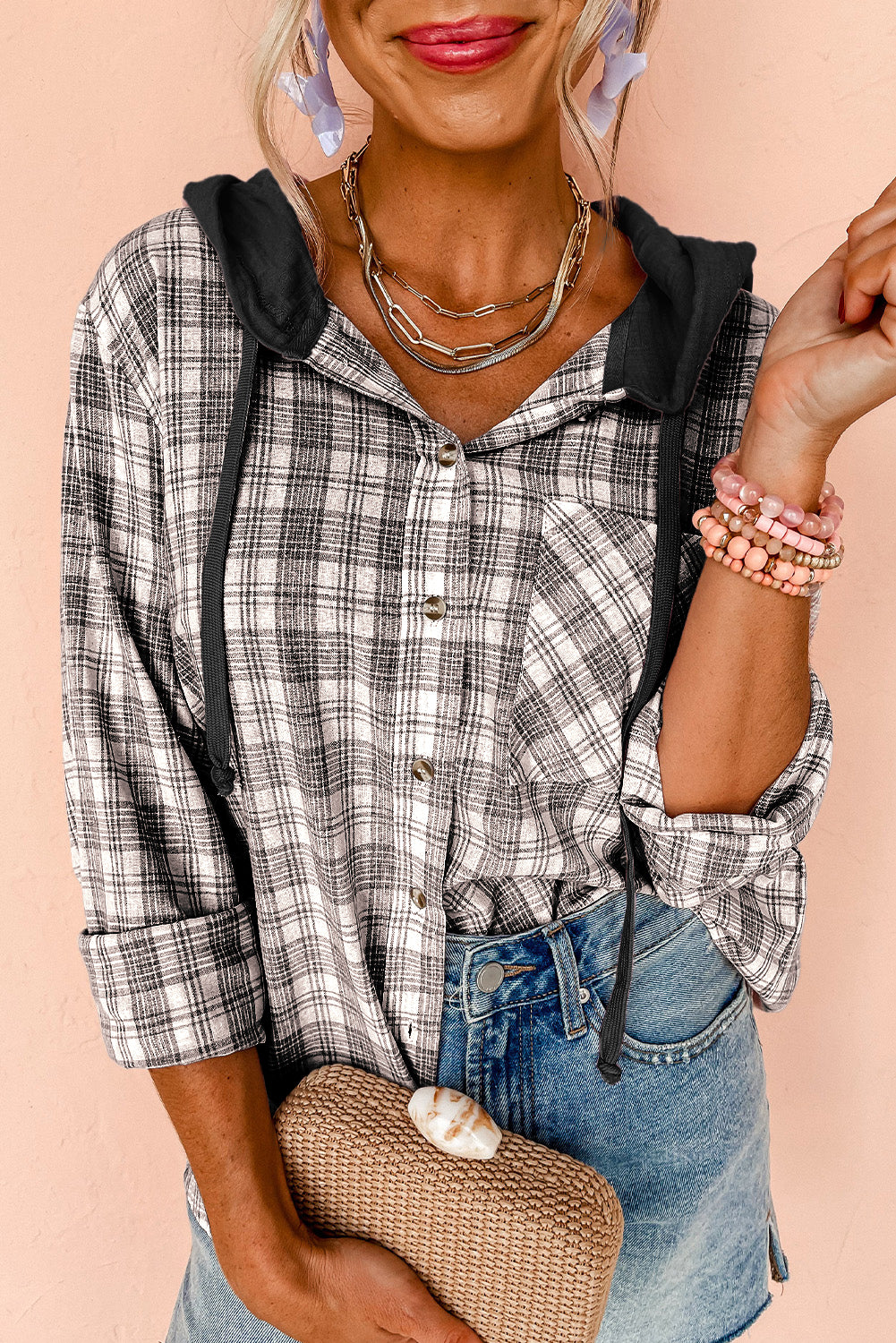 Black Checkered Print Loose Fit Buttoned Hooded Shacket Black 65%Polyester+35%Cotton Plaid Shackets JT's Designer Fashion