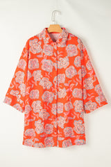 Red Floral Print Lapel Collar Loose Shirt Mini Dress Floral Dresses JT's Designer Fashion