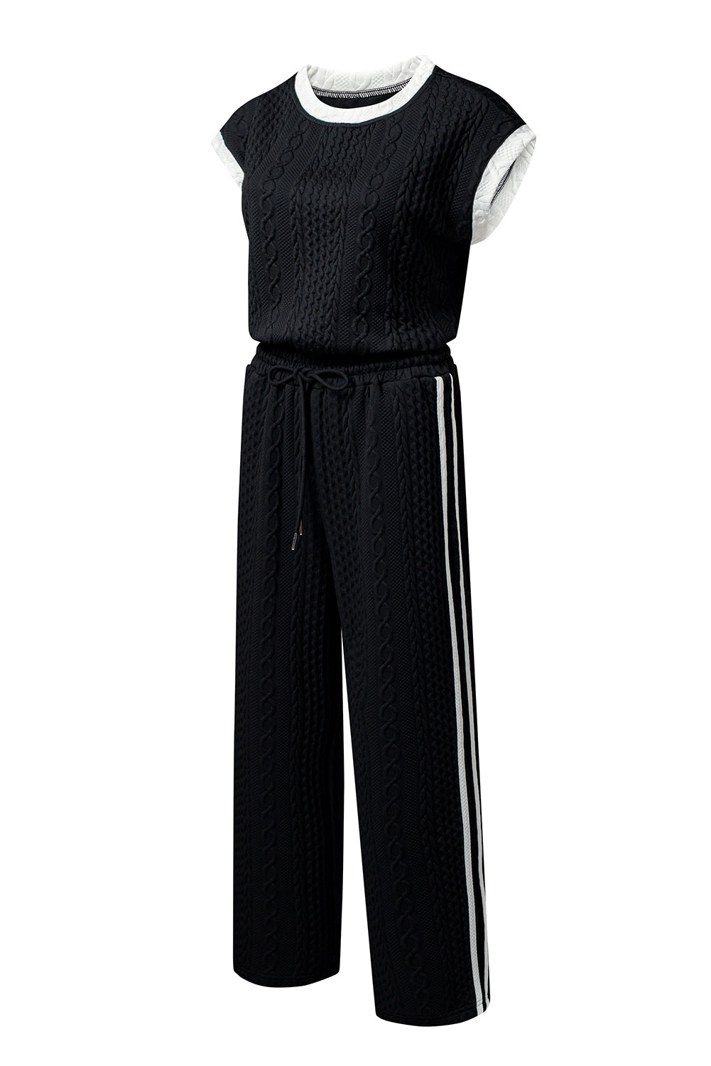 Black Cable Knit Contrast Trim Short Sleeve Top and Pants Set Pant Sets JT's Designer Fashion