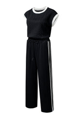 Black Cable Knit Contrast Trim Short Sleeve Top and Pants Set Pant Sets JT's Designer Fashion
