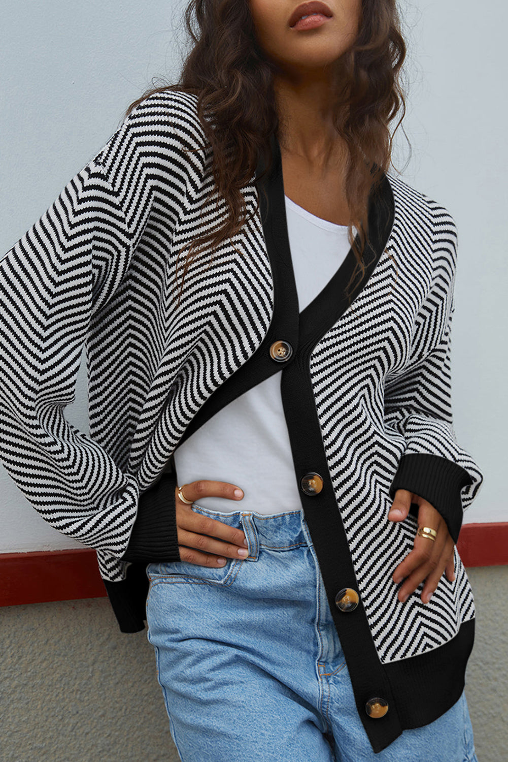 White Stripe Buttoned Front V Neck Herringbone Cardigan Cardigans JT's Designer Fashion